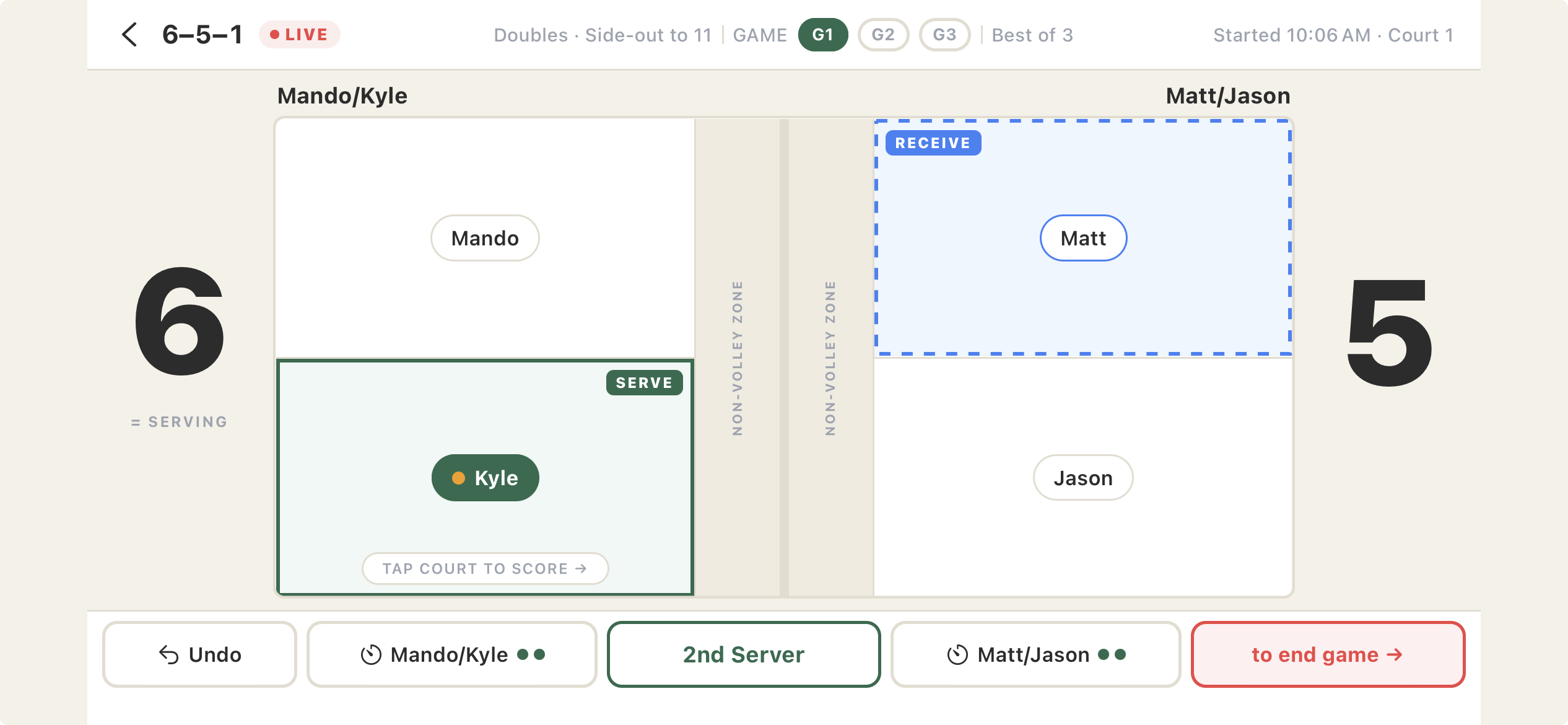 Sideout live scoring in landscape