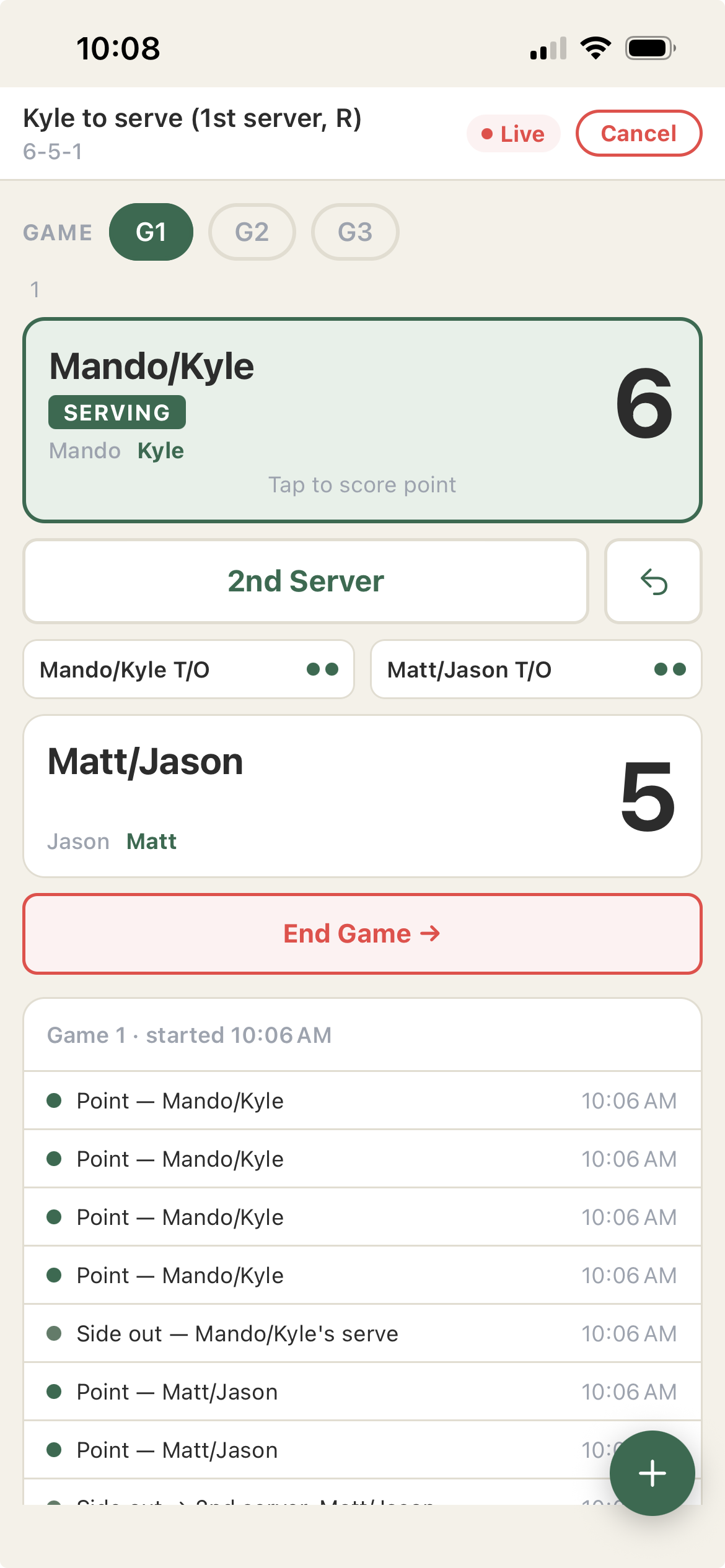 Sideout live scoring screen: Mando/Kyle serving 6, Matt/Jason 5
